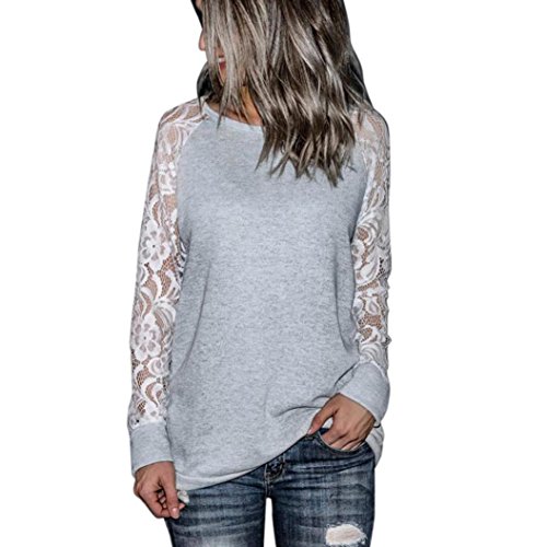 Wawer Women's Blouse, Fashion Womens Casual Lace Long Sleeve Crop O-Neck Pullover T-Shirt Tops Great For Sports/Dance/Club/Party/Daily/Beach (M, Gray)