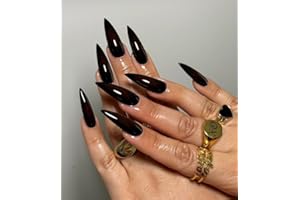 MouyouGlow Press on Nails Long,Stiletto Halloween, jednokolorowe, czarne, gotyckie sztuczne paznokcie z klejem do paznokci, czarne wampiry, solidne sztuczne paznokcie