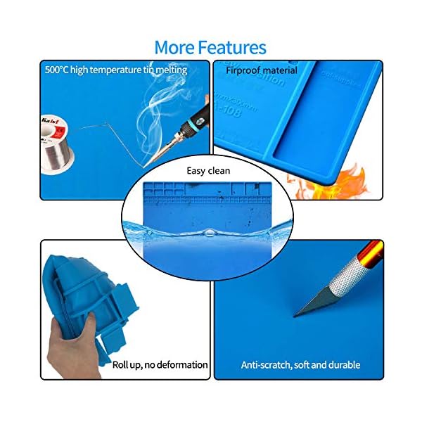 Wohao Lötmatte Silikon 500℃ Hitzebeständige Magnetisch Reparatur Matte Arbeitsmatte soldering mat antistatisch für Lötpistolen, Heißpistolen - groß 45x 30cm – Bild 3