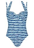 Zwei ergänzende Blautöne, kombiniert in einem gerafften Streifenmuster. Das Blau ist nicht nur im, sondern auch außerhalb des Wassers ein Hingucker! Badeanzug mit Formbügel und abnehmbaren Schulterträgern. Der Rücken ist hoch geschnitten.