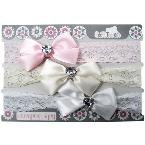 Baby Girls 3 Piece Lacey Headbands Gift Set IN VOILE GIFT BAG 0-6 Months - Diamante Bows