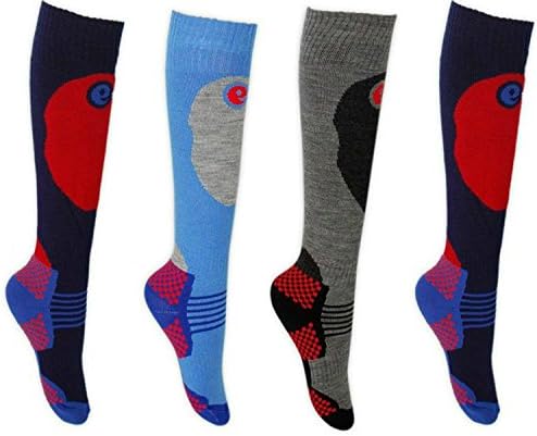 Kids SKI SOCKS 4 Pair Pack – Boys or Girls in 3 Sizes - Comfort Padding, Extra Warmth and Shin Protection for High Performance. Boys UK 9-12, EU 27-30 (smallest)
