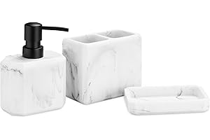 Navaris Set Accessori Bagno Elegante 3X Pezzi - Porta Spazzolino Dispenser Porta Sapone Bicchiere Porta Oggetti Vassoio - Kit Bagno Finto Marmo Bianco