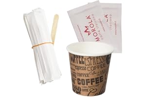 Morola Caffè Italiano - Kit Caffè 450pz in Carta - 150 Bicchierini da 75 ml in Carta - 150 Bustine di Zucchero Bianco - 150 Palette in Legno