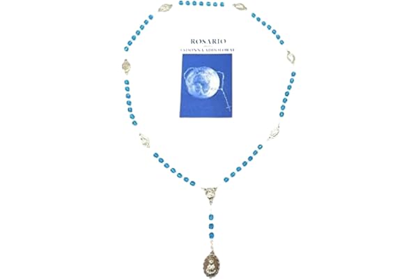 OVUNQUE PROTEGGIMI Rosario Madonna sorg i halvblå kristall plus häfte, 6 mm. Rosenkransen av de 7 sorg av Mary. Sörjande dam