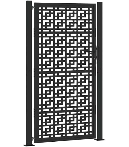Portail De Jardin En Acier Noir 105x130 Cm - Design Découpé Au Laser, Verrouillable, Avec Poteaux Et Accessoires De Montage