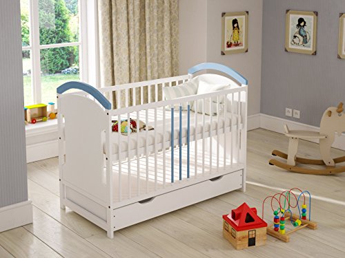 White Blue Wooden Baby Cot Bed with Drawer + Safety Bumper + Teething Rails
