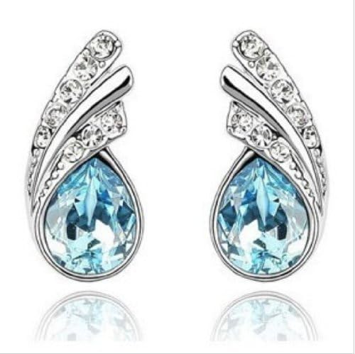 Eloquence - ''Water Drop'' - Womens Rhodium Plated Aquamarine Blue Crystal Earrings