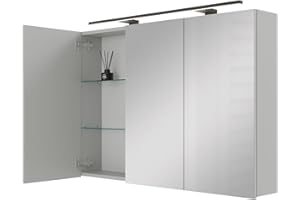 ‎PLANETMÖBEL Planetmöbel ARIA Spiegelschrank Bad mit Beleuchtung 120 cm breit | Badschrank hängend mit Spiegel | Weiß Grau, mit Leuchte und Steckdose, Spiegelschrank Gäste WC 120 x 70 x 16 cm