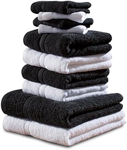 Set Of 10 Luxury Soft Egyptian Cotton Beach Bath Towel Hand Face Cloth Bale Set Gift (White &amp; Black)