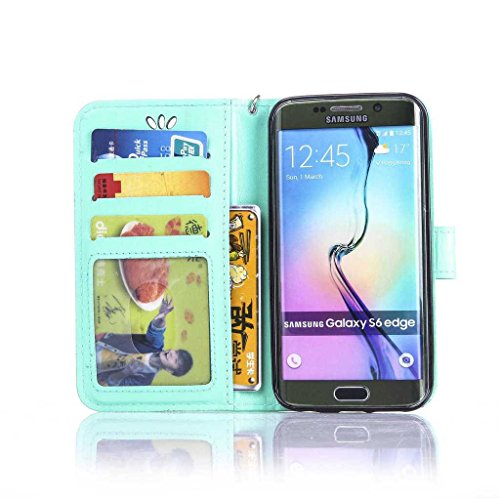 Galaxy S6 Edge Hülle Ledertasche [mit Frei Hartglas Displayschutzfolie], KKEIKO® Schutzhülle PU Leder Tasche Hülle Case für Samsung Galaxy S6 Edge, Wickelfalz Handyhülle mit Bändselloch Standfunktion Karteneinschub und Magnetverschluss, Kratzfeste Lederhülle Flip Wallet (Schmetterling #1) - 4