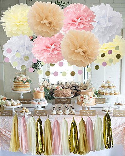 20 Stück weiß creme pink Tan Babyparty Deko Party Deko-Set mit Seidenpapier Quaste Girlande Seidenpapier Blume Kreis Girlande für Rustikal Hochzeit Baby Dusche, Geburtstag, Kinderzimmer Dekoration