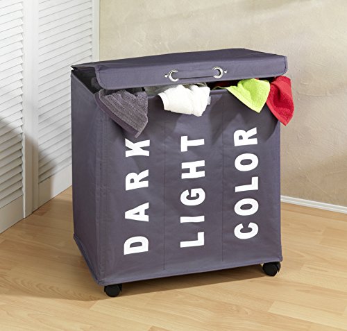 Wenko Wäschesammler Trivo Dunkelgrau, Wäschekorb aus Polyester mit 3 Fächern & Rollen – 116L Fassungsvermögen, 56 x 60 x 35 cm - 5