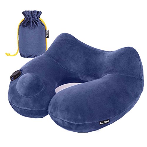 Preisvergleich Produktbild Auxent Aufblasbares Nackenkissen Reisekissen mit Fleece-Bezug, Nackenhörnchen für Zuhause, Büro und Unterwegs im Flugzeug, Bahn, Auto und Bus, Ergonomisches Design, Königsblau