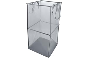 Yuhtech Siatkowy kosz na pranie z uchwytami, składany kosz na pranie, składany kosz na pranie dla niemowląt, czarny, duży kosz na pranie, na ubrania, zabawki, kemping, podróż, szary