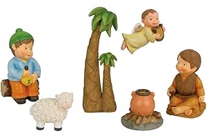 AC - Set de 5 Figuras anunciación Naïf para belén navideño, marmolina, 2 Campesinos, ángel, Palmera, Oveja y fogata, decoración Nacimiento, 8 cm