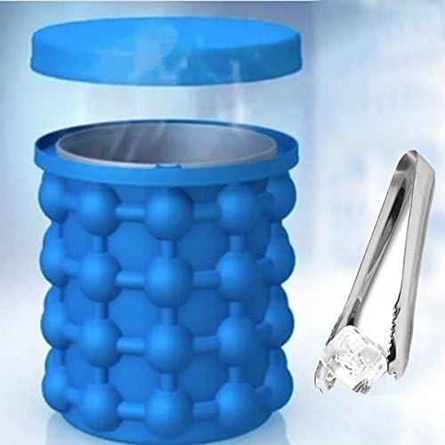 Mini Ice Cube Maker Genie, New Design Slicone Ice Cube Molds Whiskey Squares, Ice Cube Maker Ice Cube Vessel with Ice Tong (Blue)