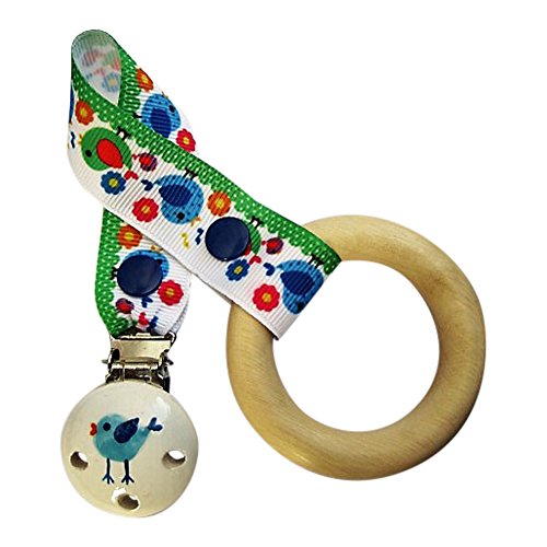 CuteToots wooden teething ring with handpainted clip: wee birdy