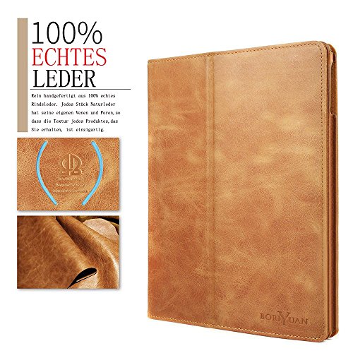 Ipad 9.7 2017 Hülle, Boriyuan Echt Leder Case Schutztasche aus echtem Leder mit Standfunktion, Auto Sleep Wake up und Fach für Kreditkarten, mit Displayschutzfolie + Stylus für das Apple Neu Ipad 9.7 Zoll – (Braun) - 2