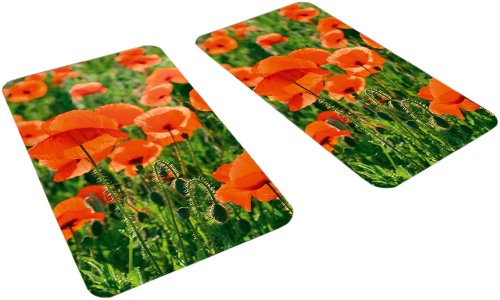 Wenko 2521434500 Herdabdeckplatte Universal Mohnfeld - 2er Set, für alle Herdarten, Gehärtetes Glas, 30 x 1.8-4.5 x 52 cm, Mehrfarbig