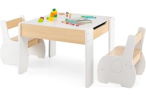 RELAX4LIFE 3 in 1 Set Tavolo e 2 Sedie per Bambini in Legno, Tavolino Attività con Lavagna (Bianco/Nero), Piano a Doppia Faccia per Giocare, Disegnare e Conservare, per Cameretta (Bianco)