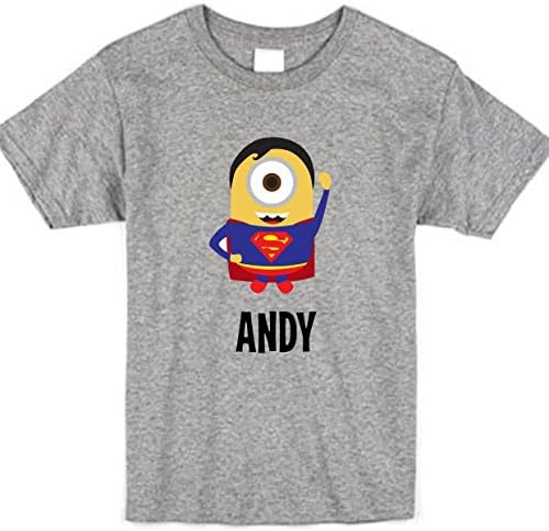 Personalised Superman Minion Despicable Me Film T Shirt Kids Childrens Boys Girls Grey Black Name T-shirt Marvel Superhero (Grey, 5-6)