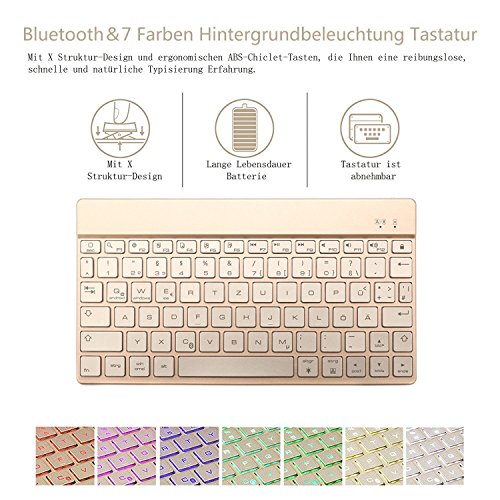 BORIYUAN Apple Ipad 4 Ipad 3 Ipad 2 Leder Case Schutz Tasche Cover mit ultra dünn Alu Bluetooth Tastatur (Deutsche QWERTZ), unterstützten 7 farbige Hintergrundbeleuchtung, Farbe: Gold - 7