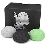 Konjac Sponge (3 Pack) - Facial Sponges - Hemisphere Shape - Activated Bamboo Charcoal, Green Tea, Natural White