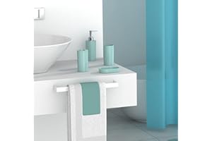 FurnitureXtra Modern Design 7 Piece Plastic Bathroom Accessory Set, Soap Dish, Tooth Brush Holder, Soap Dispenser, Tumbler, Shower Curtain, Curtain Rings and Bathmat (Aqua)