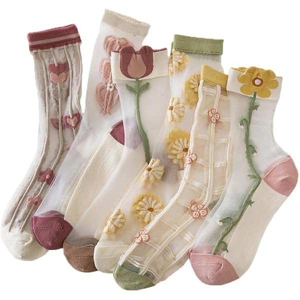 YFUNNLE 5 Paia Calzini Trasparenti A Rete Da Donna - Floreali, Nylon, Taglia 5-8, Morbidi E Traspiranti - 3