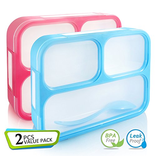 AckMond Mittagessen Bento Box, Mikrowelle und Spülmaschinenfest Lunch Box mit 3 Separate Dichtungs-Behälter (2 Stück)