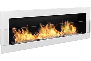 GLOBMETAL Biocamino con vetro, 120 x 40 cm, biocamino a etanolo biologico, da appendere direttamente alla parete o da montare in un'apertura a parete, in bianco lucido, 1200 x 400 mm