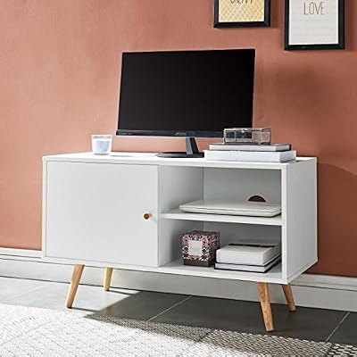 Générique ANNETTE Meuble TV scandinave décor blanc + pieds en bois massif - L 90 cm