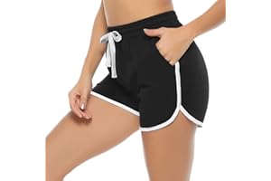 Aseniza Short de Sport Femme Coton Taille Haute - Bas de Survêtement Court pour Course à Pied, Yoga, Jogging, Fitness, Running - Bordure Blanche