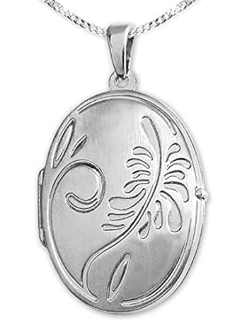 CLEVER SCHMUCK-SET Silberner Anhänger Medaillon oval 25 x 20 mm seidenmatt mit Kringel und floral gemustert sowie...