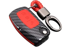 Happyit ABS Fibra de Carbono Shell + Silicona Llave del Coche Cubrir Caso Llavero para Ford Focus Mondeo Edge Fiesta Kuga MK4 Fusion Escort Ecosport (D Fibra de Carbono + Rojo)