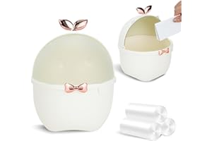 DIBALIYI Mini Desk Bin with Lid, Cute Bedroom Trash Can and 3 Rolls Bin Liners, Cartoon Animal Desktop Dustbin for Office Car Kitchen Bathroom, 19.5 * 15 * 15cm (White)