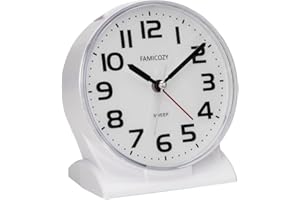 FAMICOZY Silent No Ticking Analog Alarm Clock,Readable for Seniors Vision Impaired,Easy to Set,Gradual Rise Alarm,Snooze,Gentle Wake,Soft backlight,Battery Operarted,White
