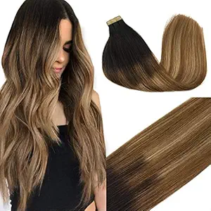 Googoo Balayage Ombre Tape in Real Hair Extensions Dark Brown to Ash Brown to Blonde #18 Seamless Tape Hair Extensions 18 inch