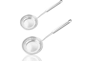 Aiareozy 2 Stück Schaumkelle Edelstahl, 12/14cm Schaumlöffel, Gittersieb aus Edelstahl, Abseihlöffel, Siebkelle Küche, Frittierkelle für Wok Zubehör, Filter Skims Fat Scum, Skimming Fett Schaum