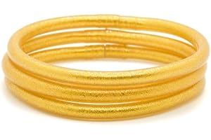 MAJALE Pack de 3 o 5 Pulseras Estilo Pan de Oro para Mujer San Valentín - Brazalete Dorado Brillante - Pulsera Budista Tibetana Kumlai Temple Flexible y Ligera