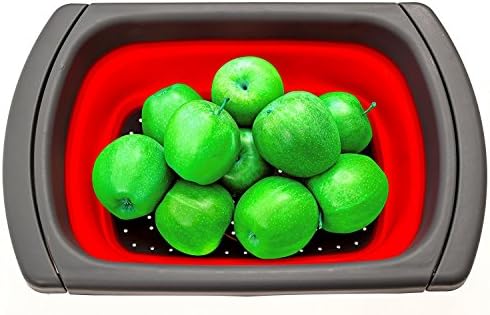 Cuisine Ninja Collapsible Colander: Over-The-Sink Silicone Kitchen Strainer Space Saving - Quick Draining - Non-Slip Base. Dishwasher Safe, Heat Resistant! Expandable To 25" Perfect Gift! Red / Gray