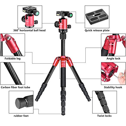 Neewer 56 pulgadas/141cm Trípode Cámara de Fibra de Carbono con Cabeza de Bola 360 grados, Placa de Liberación Rápida 1/4 pulgadas Capacidad de Carga 6.6 Libras/3 Kg (Rojo)