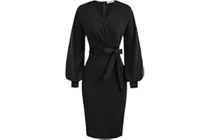 GRACE KARIN Femme Travail Robe de Cocktail Col en V Manches Longues Crayon avec Ceinture élégante