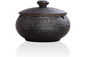 AIRMSA Posacenere in ceramica con coperchi, Sigarette Posacenere Antivento, Vassoio per cenere da fumo da tavolo, Posacenere per sigarette per uso interno o esterno, per Casa, Ufficio, Balcone (Nero)