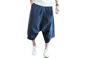 Minetom Homme Été Pantalon en Lin Lâche Capri Shorts Bermudas 3/4 Pantacourt Oversize Baggy Elastique Solide Confortable Respirant Cargo Pants Large Sarouel