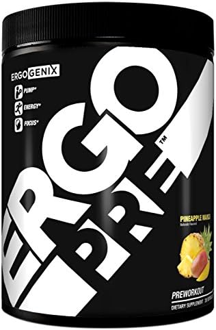 ErgoPRE Jitter free Preworkout for Pumps, Energy, Focus, Strength - Pineapple Mango Flavor - 30 servings