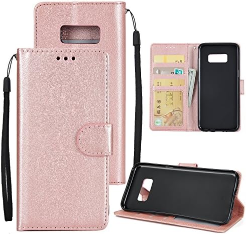 Galaxy s8 Wallet Case Phone holder with Wristlet Card Holder Magnetic Flip built in ID&amp;Card slots pocket for change kickstand premium PU leather (rose gold)