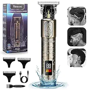 RESUXI 2021 New Mens Hair Clippers Cordless Zero Gapped Trimmers Pro Li T Blade Trimmer Waterproof Edgers Liners Professional Clippers for Men Haircut Detail Shaver with LED Display Gold Knight