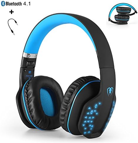 Bluetooth Wireless Headphones, Yocuby Foldable Over Ear Noise Cancelling Headset with Microphone LED Lights Stereo Sound Comfortable for Smartphone Sport Travel Work (Black&Blue)